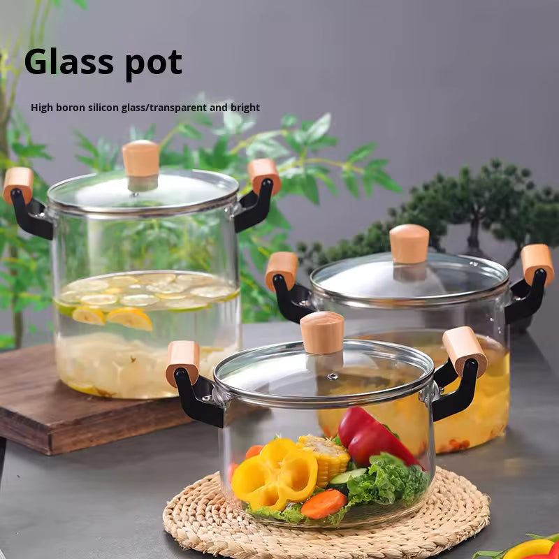 Modern Welldeco Glass Pot with Wooden Handles – Double Handle Large Capacity Stew Pot for Kitchen Cooking