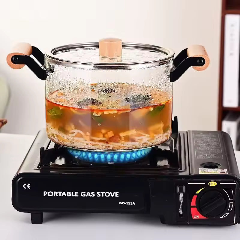 Modern Welldeco Glass Pot with Wooden Handles – Double Handle Large Capacity Stew Pot for Kitchen Cooking