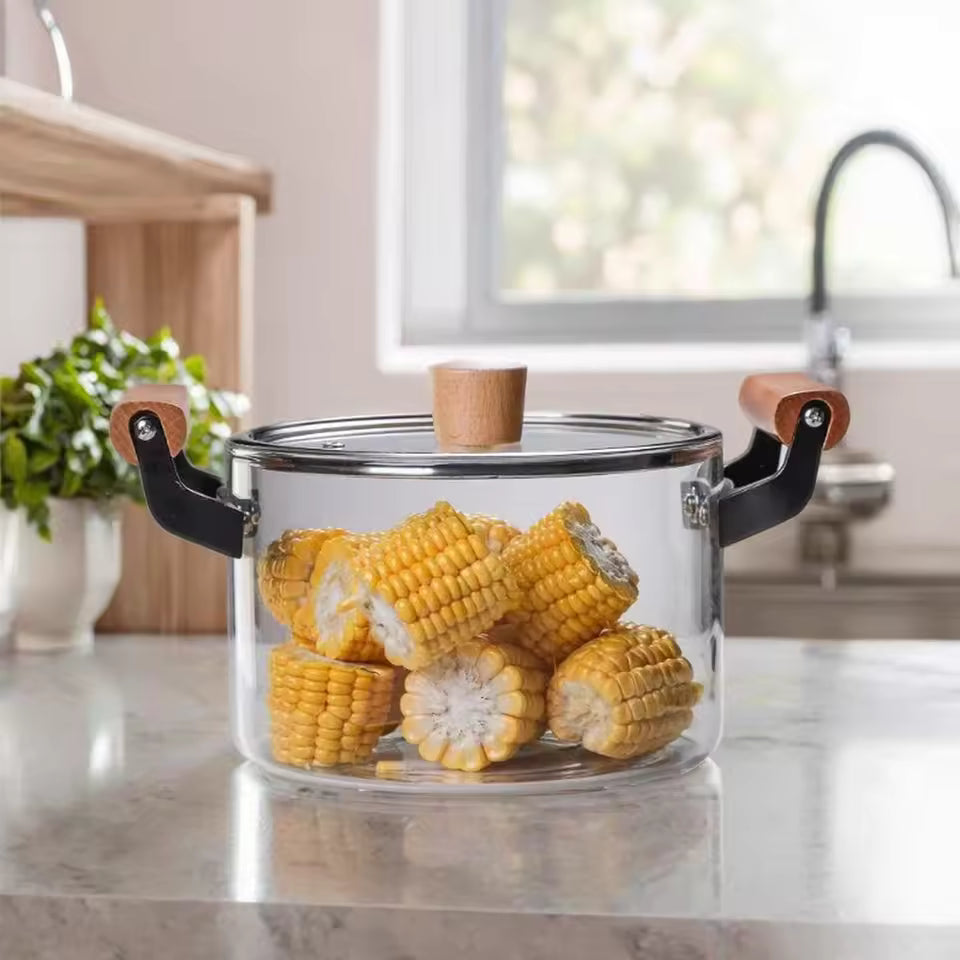 Modern Welldeco Glass Pot with Wooden Handles – Double Handle Large Capacity Stew Pot for Kitchen Cooking