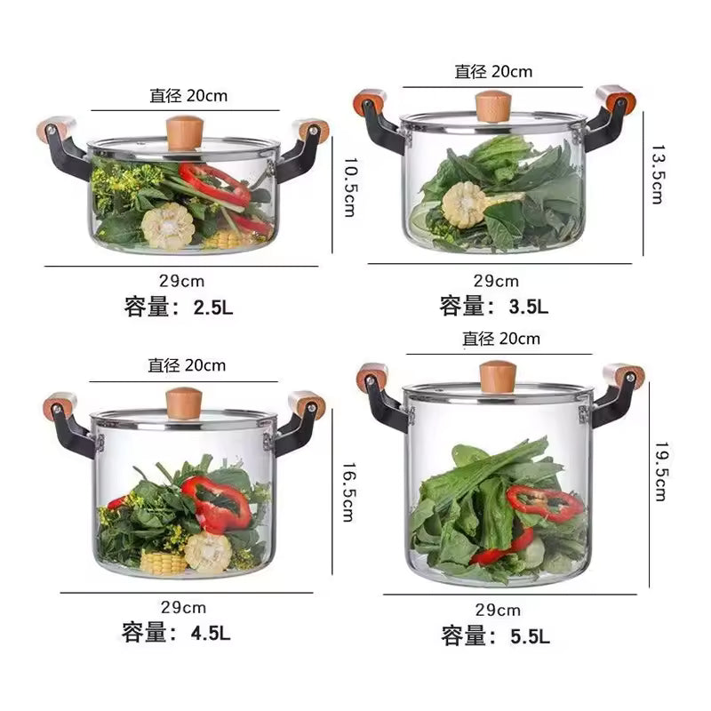 Modern Welldeco Glass Pot with Wooden Handles – Double Handle Large Capacity Stew Pot for Kitchen Cooking