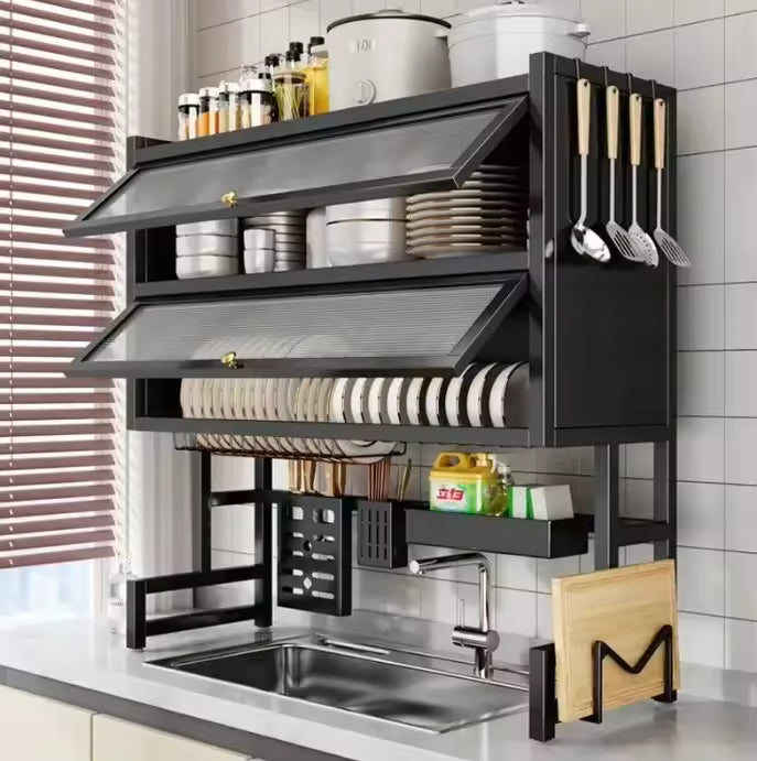 Over the Sink Kitchen Rack Double Tier with Glass Door – Space Saving Dish Storage Shelf