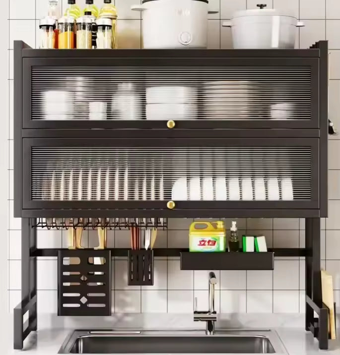 Over the Sink Kitchen Rack Double Tier with Glass Door – Space Saving Dish Storage Shelf