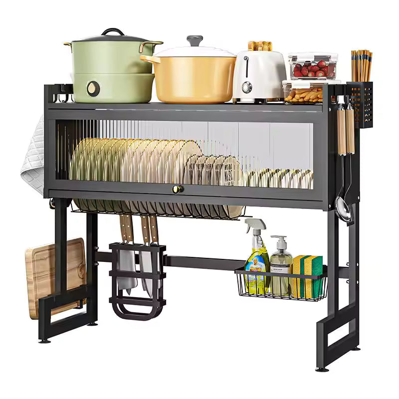 Over the Sink Dish Drying Rack with Cover – Single Layer Kitchen Organizer & Storage Shelf