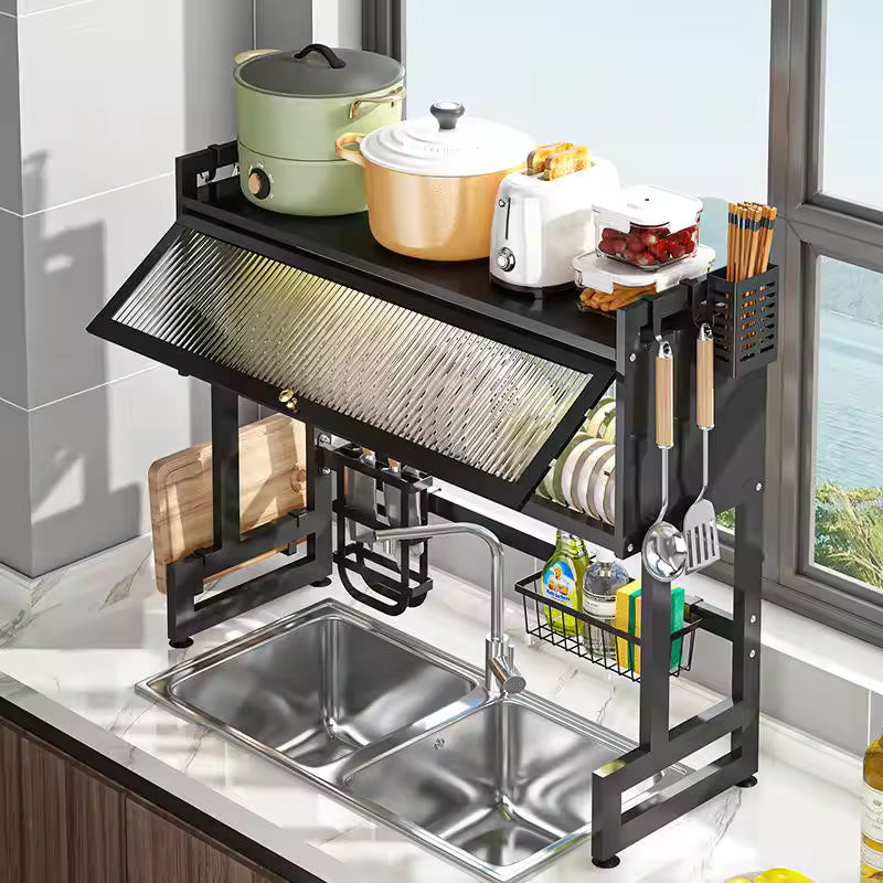 Over the Sink Dish Drying Rack with Cover – Single Layer Kitchen Organizer & Storage Shelf