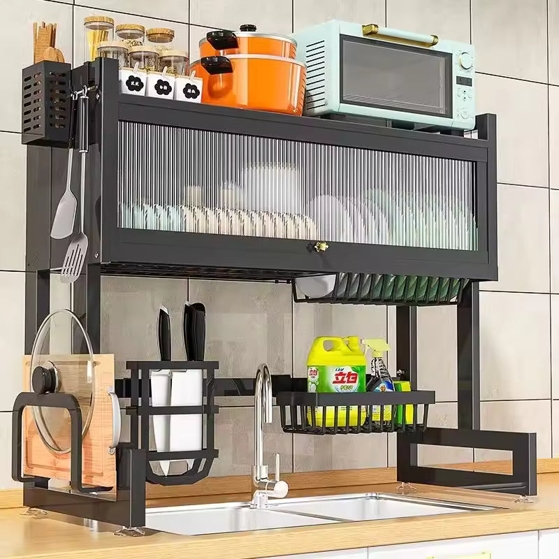Over the Sink Dish Drying Rack with Cover – Single Layer Kitchen Organizer & Storage Shelf